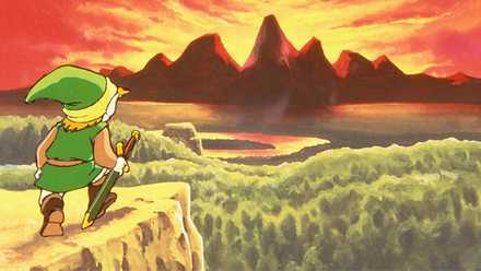 A hand drawing of Link kneeling and looking down on a wild landscape with the sun setting behind mountains