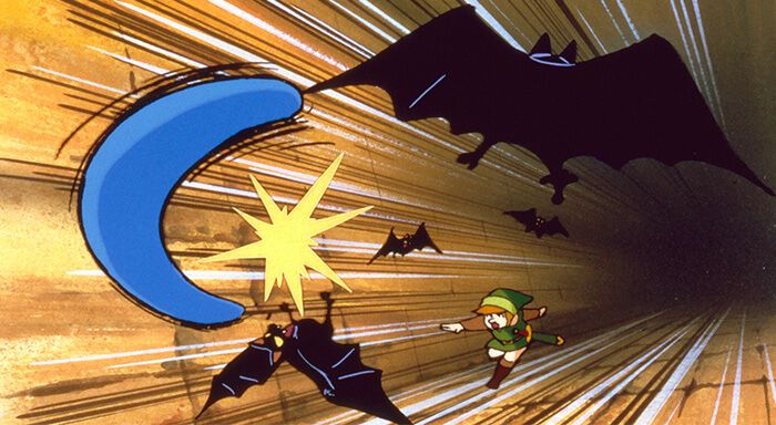 Link battling Keese with a boomerang