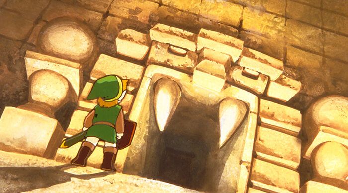 Link standing before a dungeon entrance