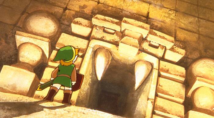 Hand-drawn illustration shows Link standing before a carved stone dungeon entrance with big fangs