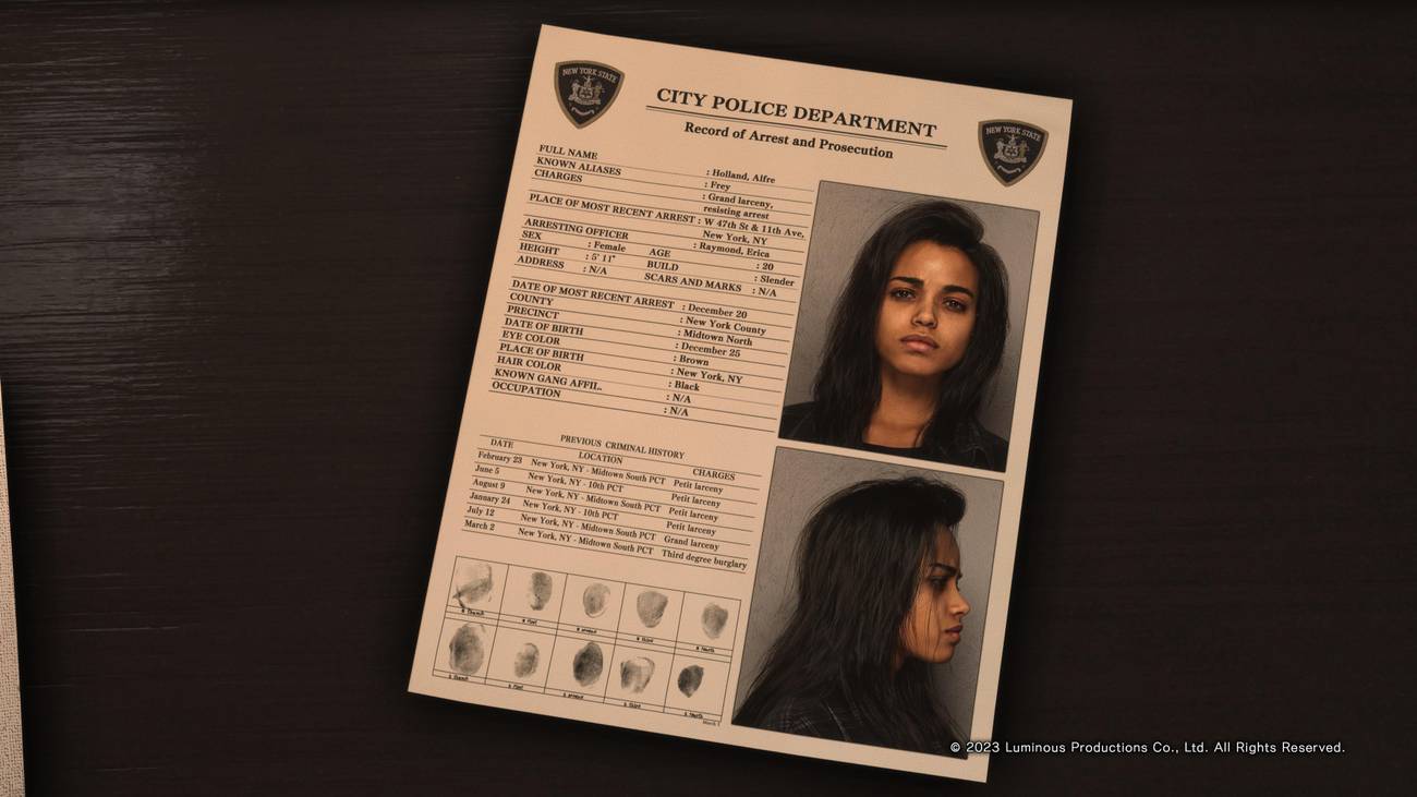 Protagonist Frey’s criminal record, which the player is forced to look over in order to progress in Forspoken