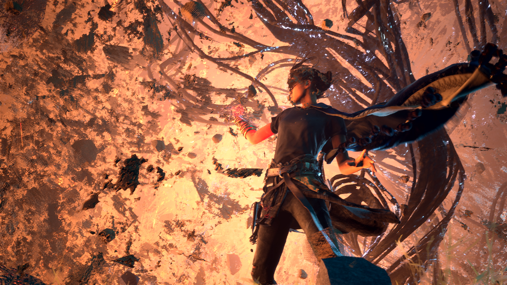 Frey makes a rock spell go kaboom in key art for Forspoken.