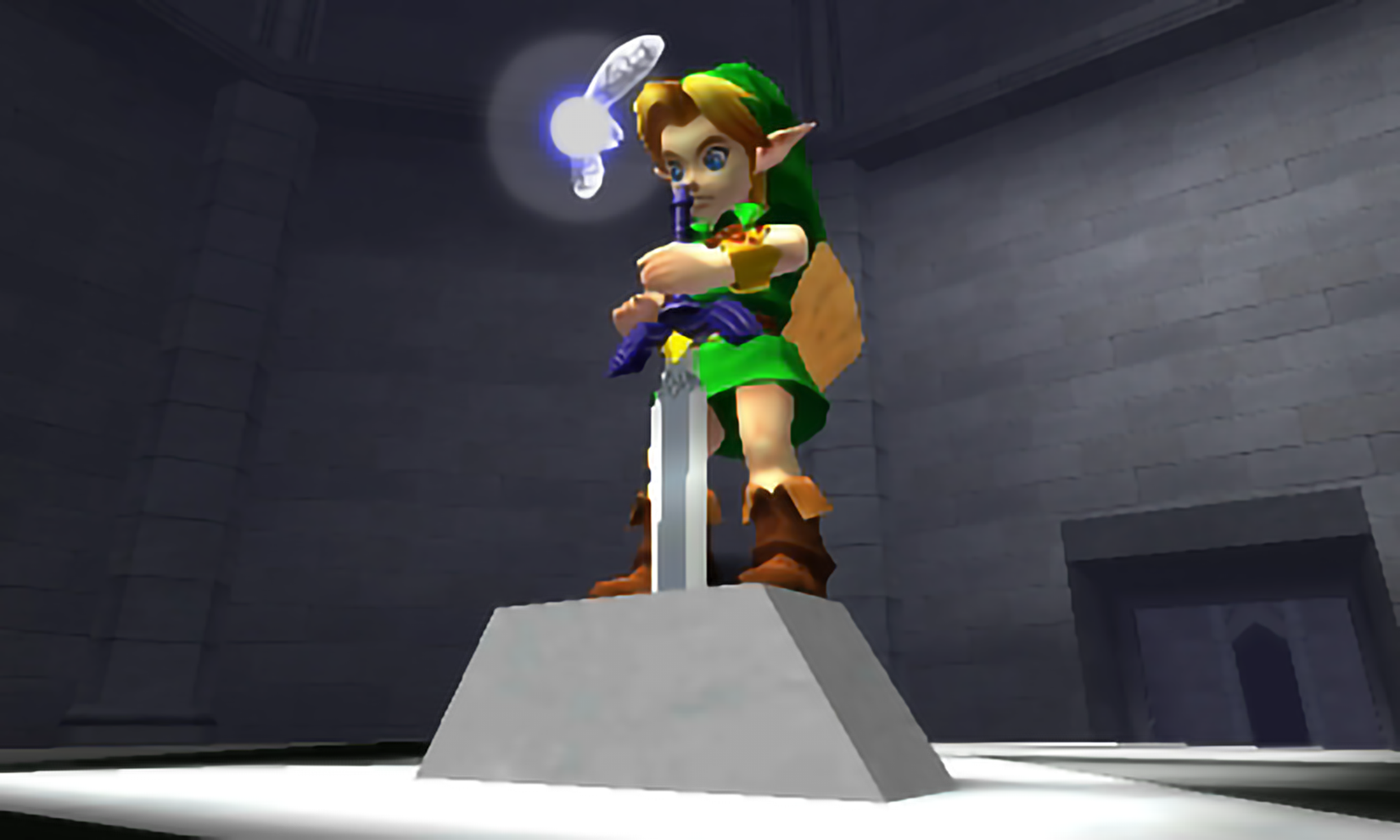  Ocarina of Time 3D screenshot of Link pulling the Master Sword from a stone. Navi is helpfully circling around.