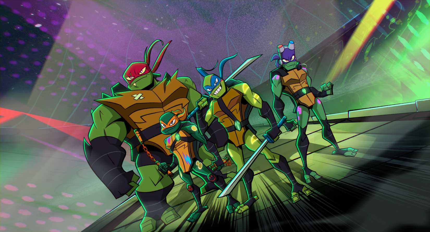  The Movie prepare to fight, with their weapons drawn, in a colorful city scape filled with lights.