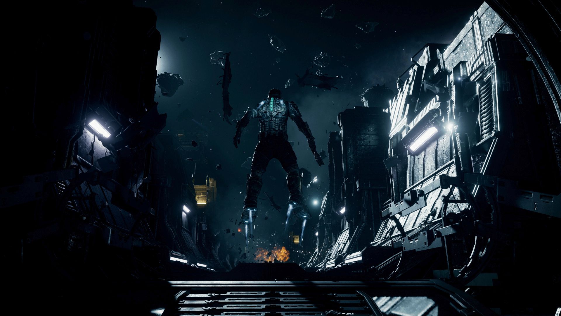 Isaac Clarke floats above the exterior of the USG Ishimura, looking at an asteroid field, in a screenshot from the 2023 remake of Dead Space