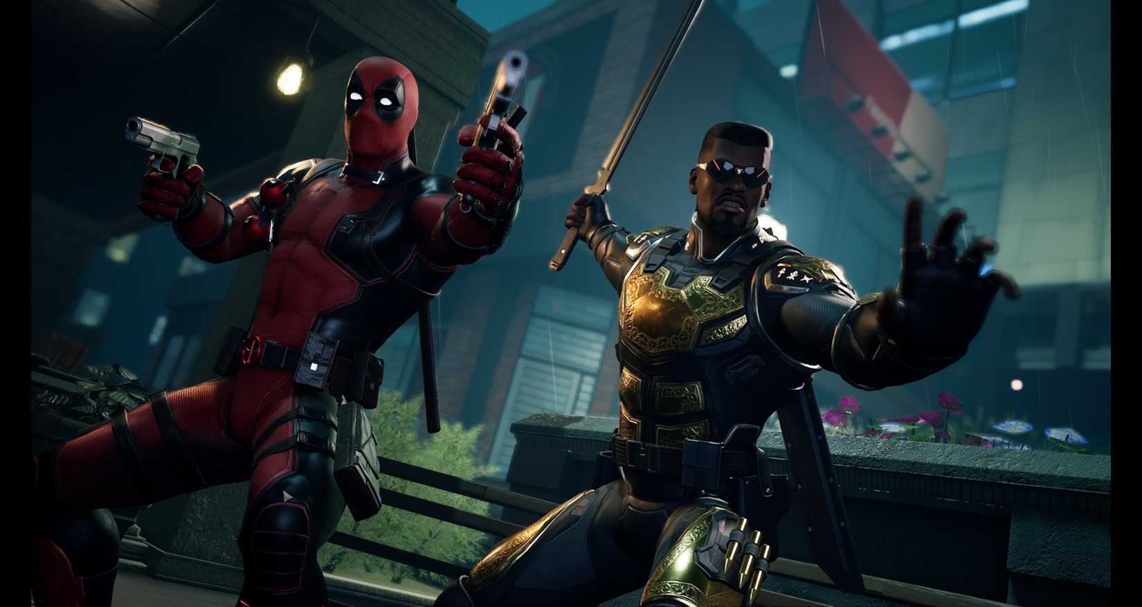 Deadpool and Blade pose next to each other with their weapons drawn in Marvel’s Midnight Suns