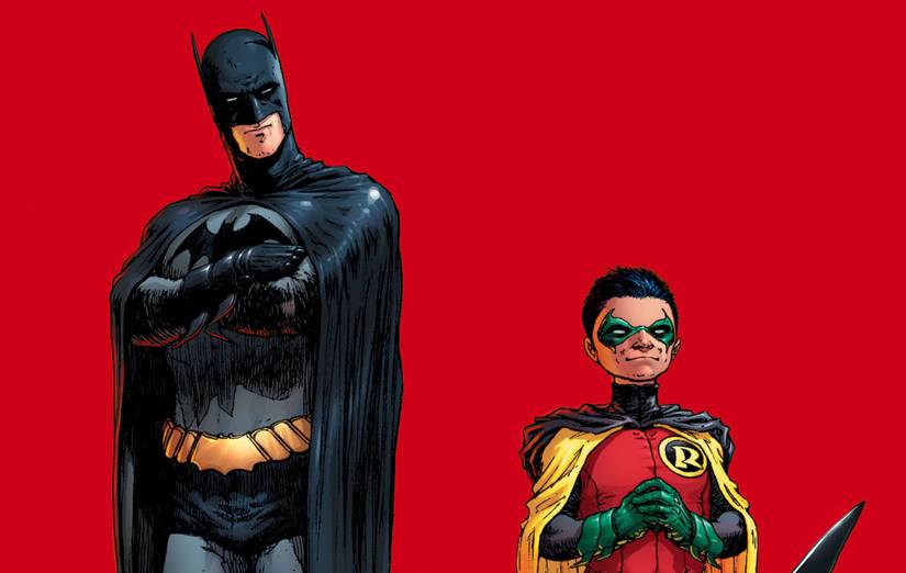 Batman folds his hands looking down at a young kid Robin in Grant Morrison’s Batman run
