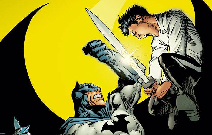 Damian Wayne attacks his father, Batman, with a sword on the cover of Batman #657 (2006).