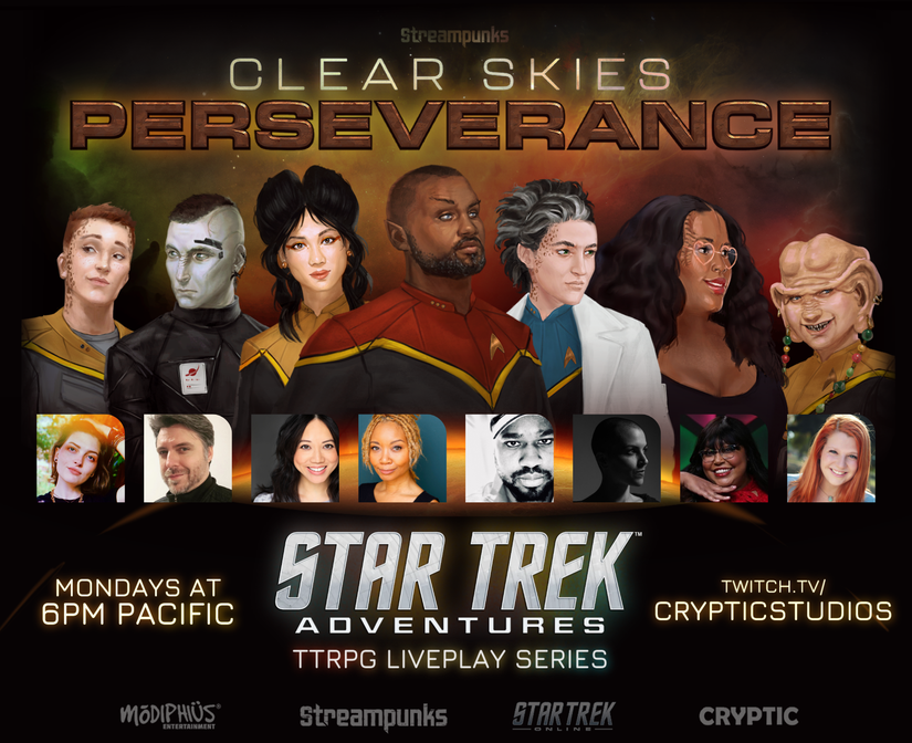 Promo graphic for Clear Skies: Perseverance. Across the center are headshots of the cast: Sam de Leve (they/them), Bonnie Gordon (she/her), Danielle Radford (she/her), Kaitlin Bruder (she/her), Gamemaster Aliza Pearl (she/her), Noir Enigma (he/they), Eric Campbell (he/him), and Jade Law (she/her). In the lower third “Preview: January 30th, Premiere: February 6th, Mondays 6-9pm PT,&nbsp;twitch.tv/CrypticStudios