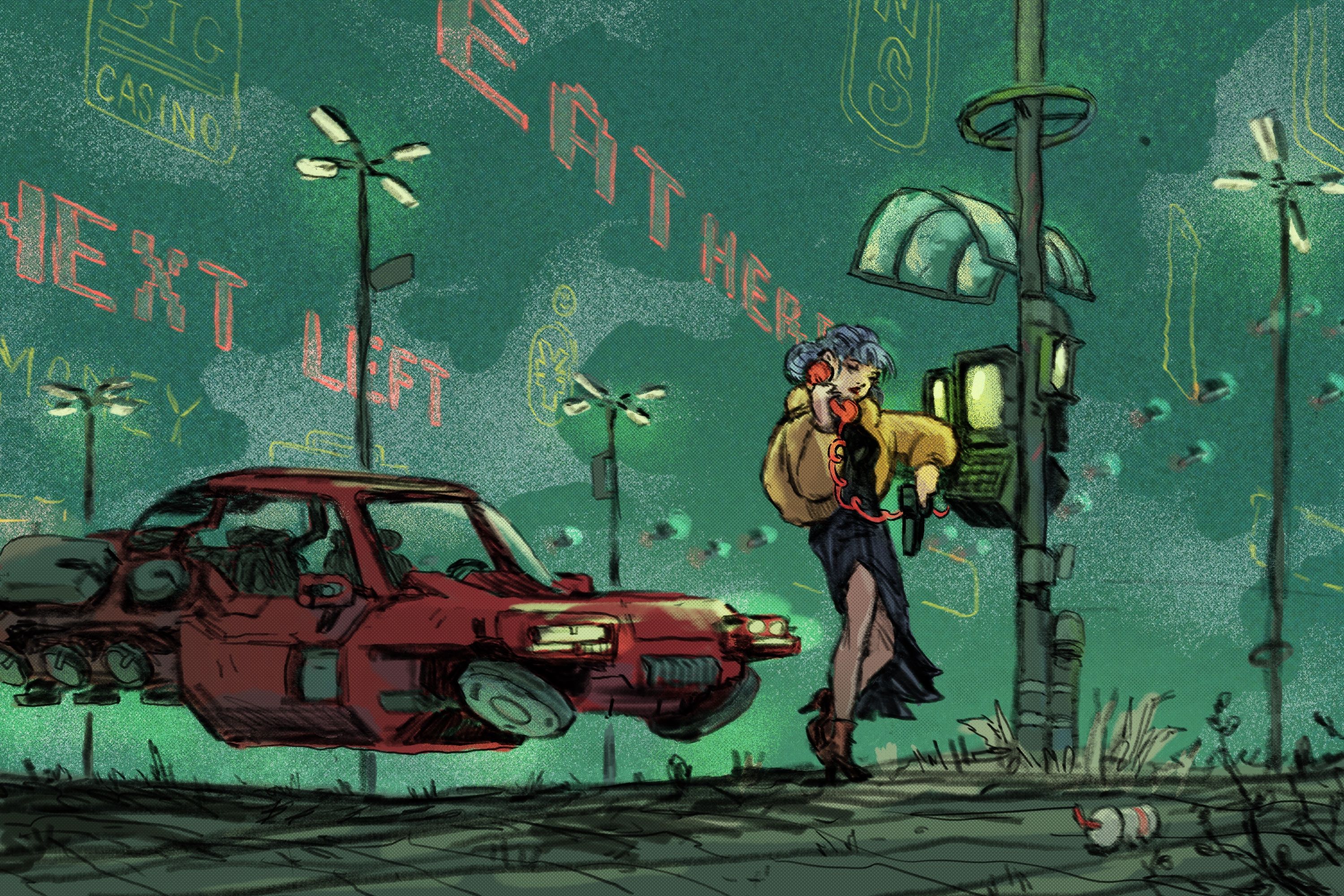 An original illustration shows a woman in a dress talking on a futuristic pay phone while standing next to a flying car