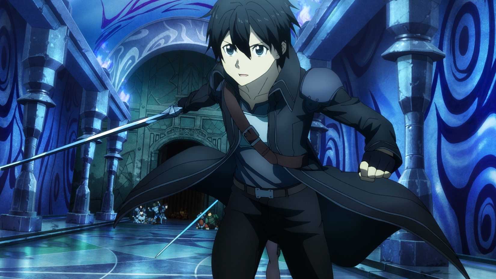 Kazuto “Kirito” Kirigaya, a young man in black with black hair and a sword, charges toward the screen in Sword Art Online Progressive: Scherzo of Deep Night