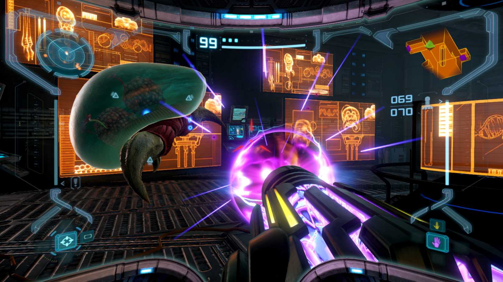 A view through Samus’ sci-fi visor as she charges up a shot at a floating Metroid in Metroid Prime Remastered