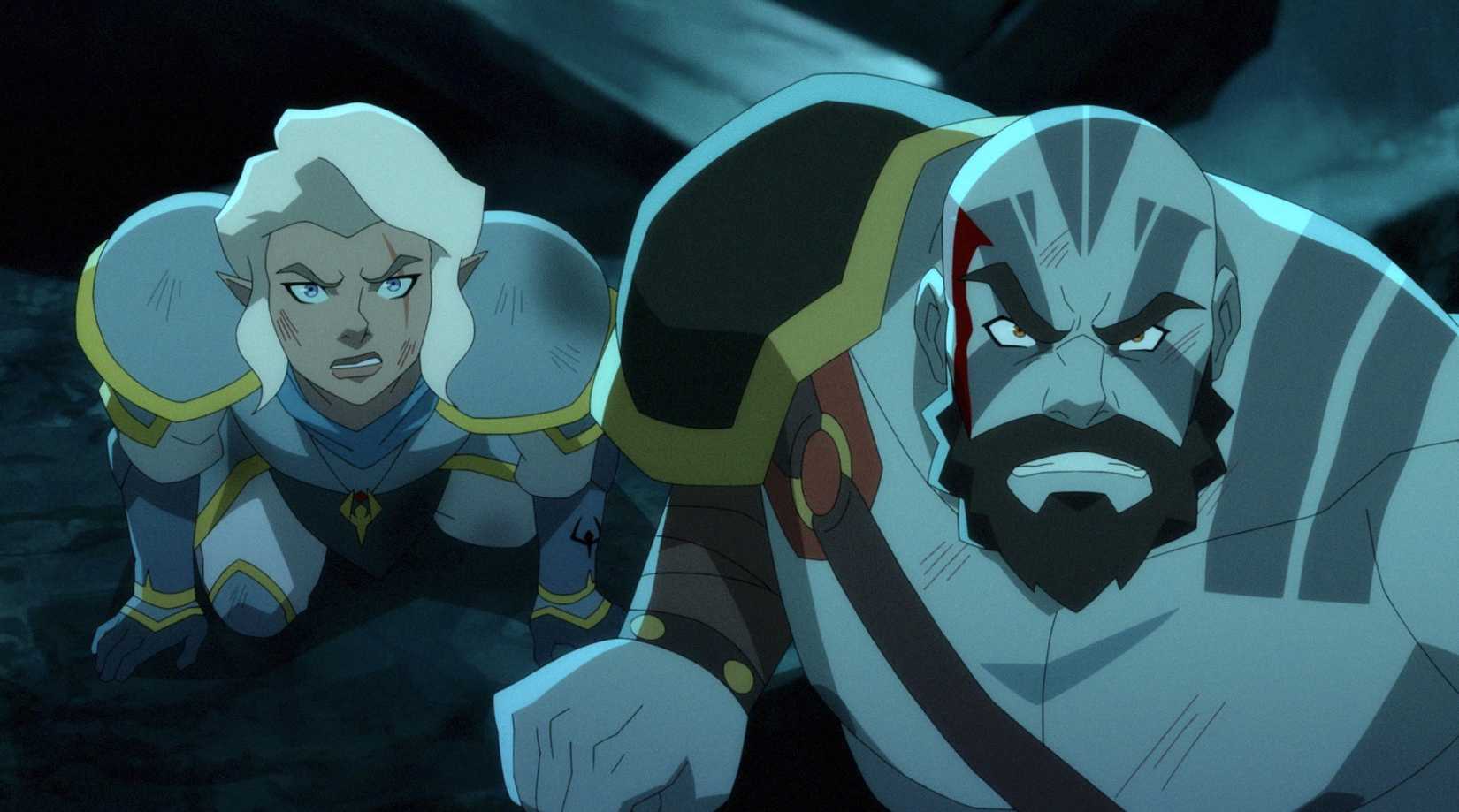 Pike and Grog make fierce faces as they battle an offscreen dragon in The Legend of Vox Machina