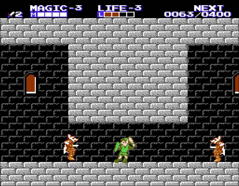 Link is flanked by two Wosu enemies in a dungeon from Zelda 2: The Adventure of Link