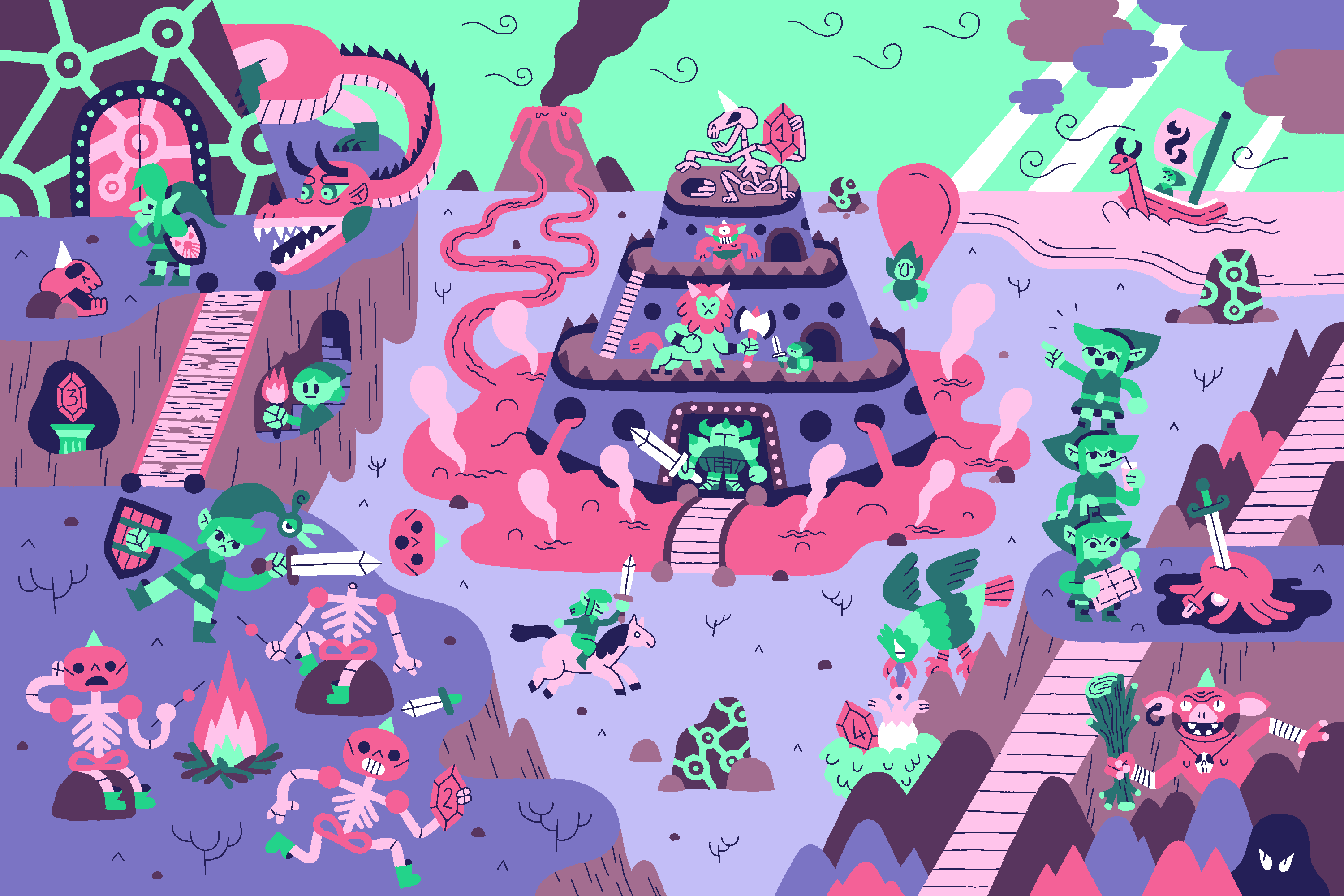 Colorful art of a lot of Links and enemies from across Zelda’s history. There’s a cheeky Tingle in the background.