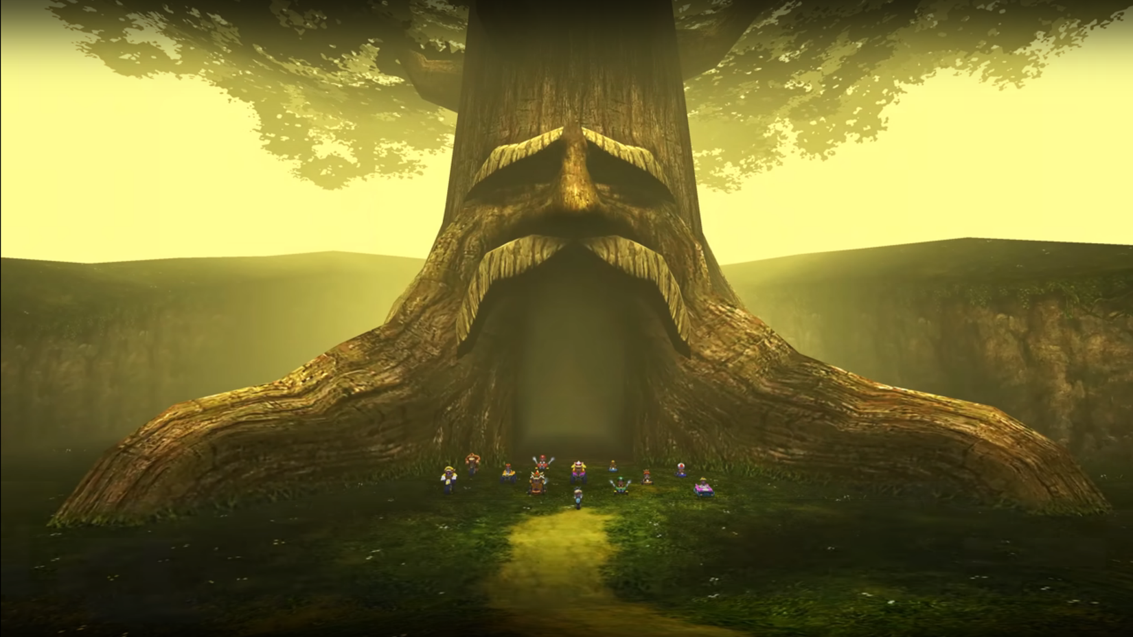 El árbol Deku, un enorme árbol sensible de Zelda: Ocarina of Time, se eleva sobre un campo de corredores de Mario Kart.