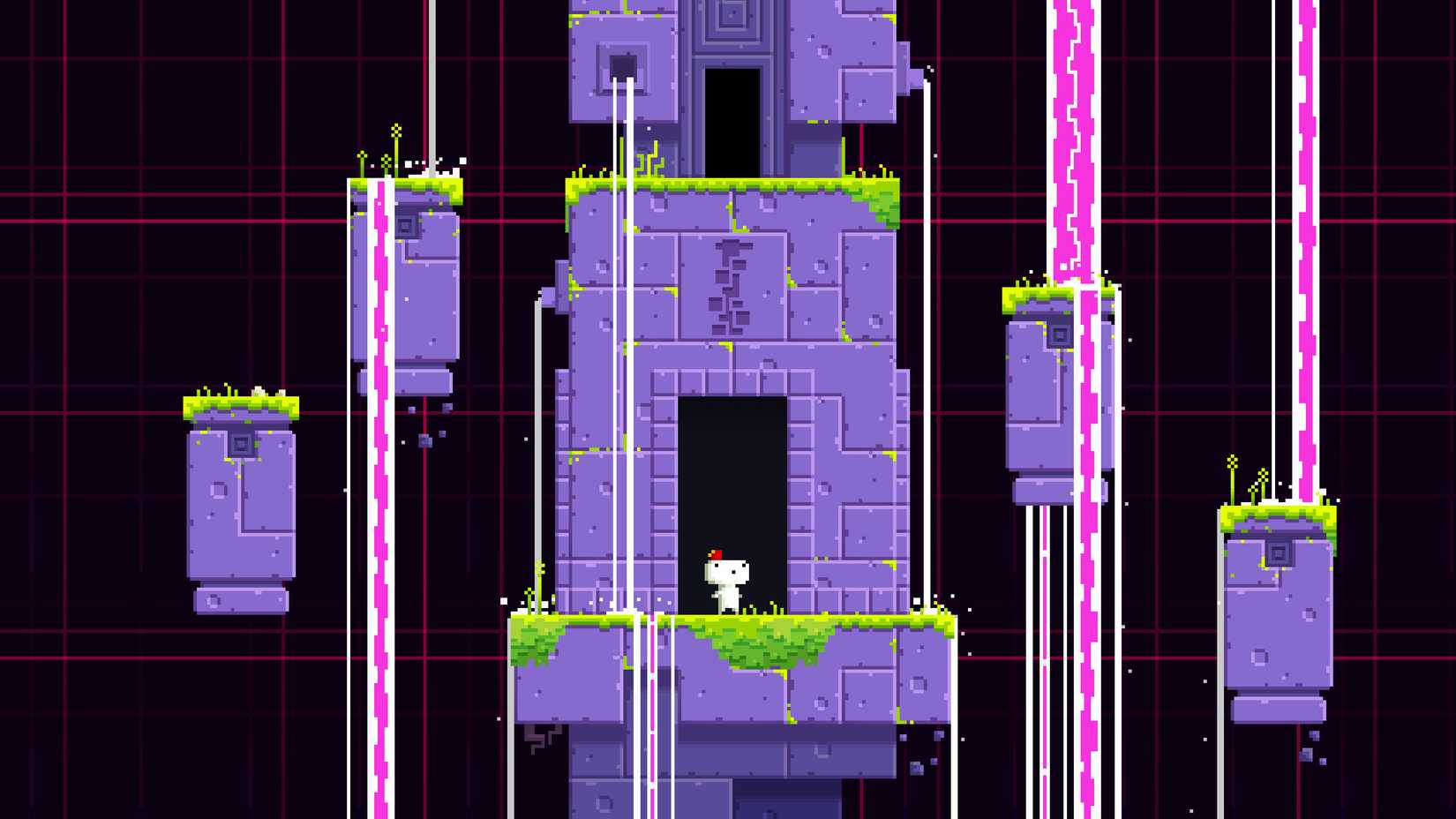 The protagonist of Fez stands in a doorway of a purple temple, comprised of numerous platforms and covered in pink waterfalls