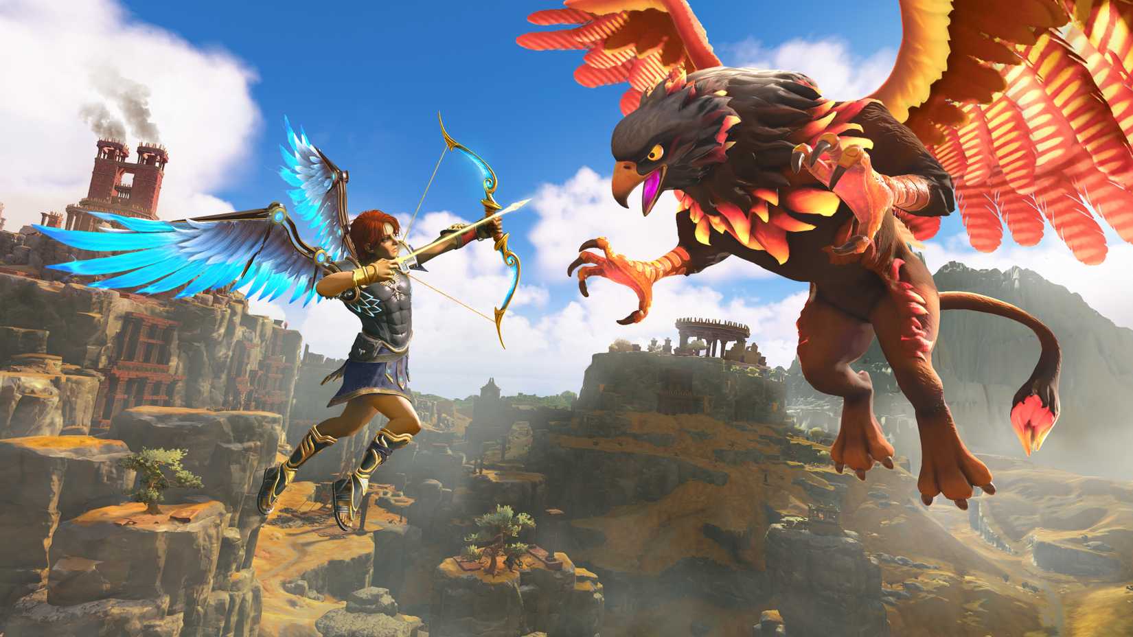 A flying Fenyx aims a bow and arrow at a hippogriff in a screenshot from Immortals: Fenyx Rising