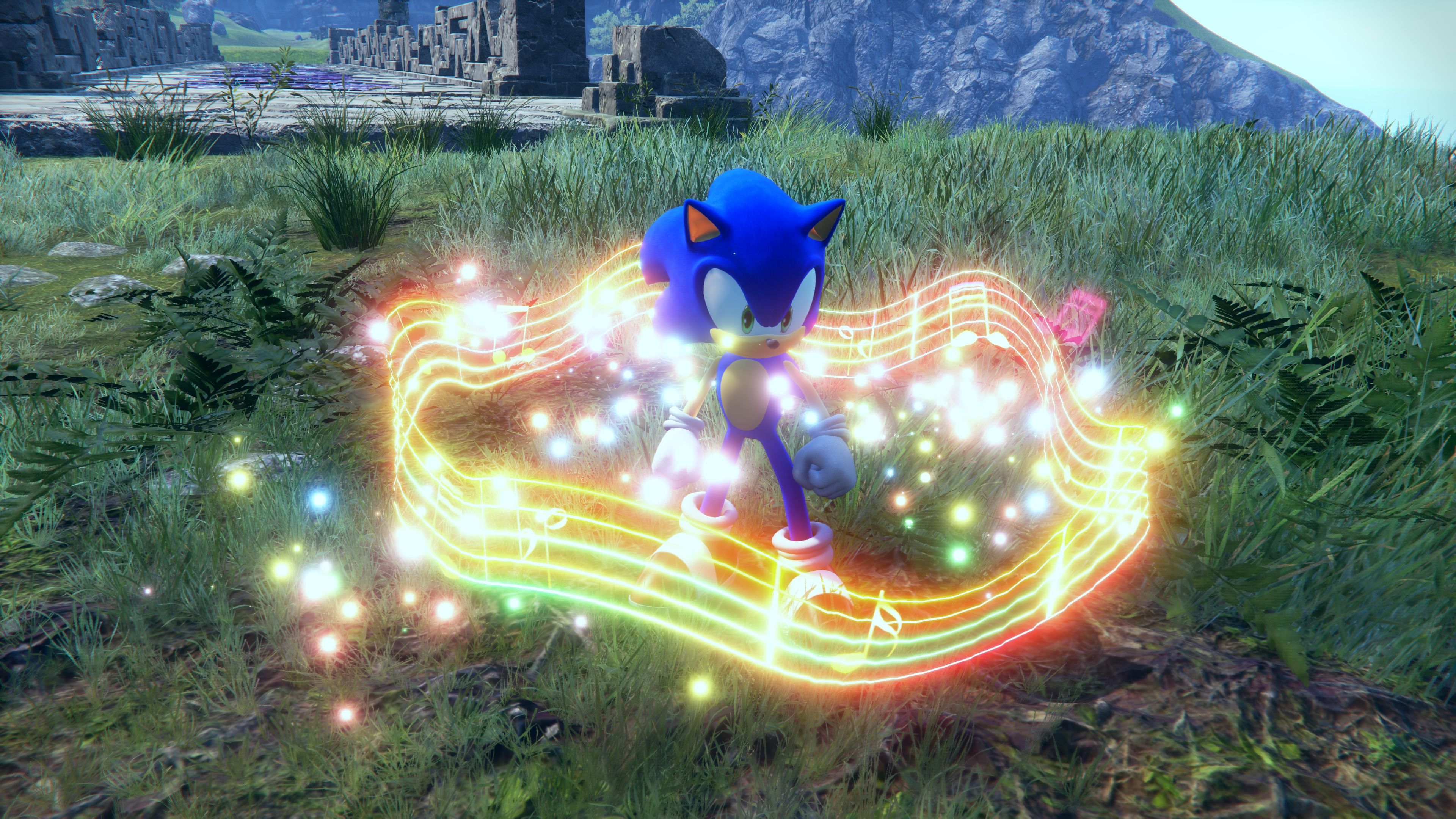 Sonic the Hedgehog stands in a grassy field surrounded by a colorful band of musical notes in a screenshot from Sonic Frontiers