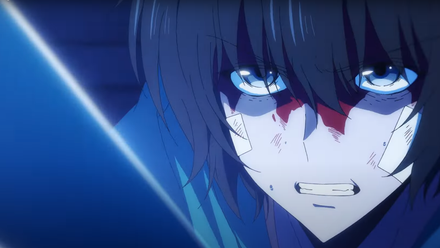 Sung Jin-woo from the Solo Leveling anime stands in a dark room with blood on his face and a sword in his hands