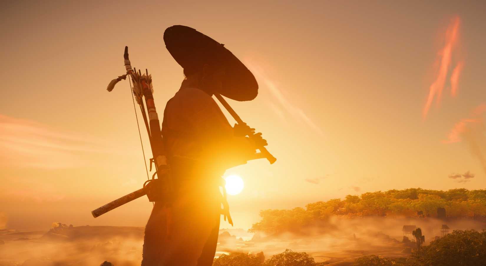 A Ghost of Tsushima character with a quiver on his back plays a flute in silhouette against an orange sunset.