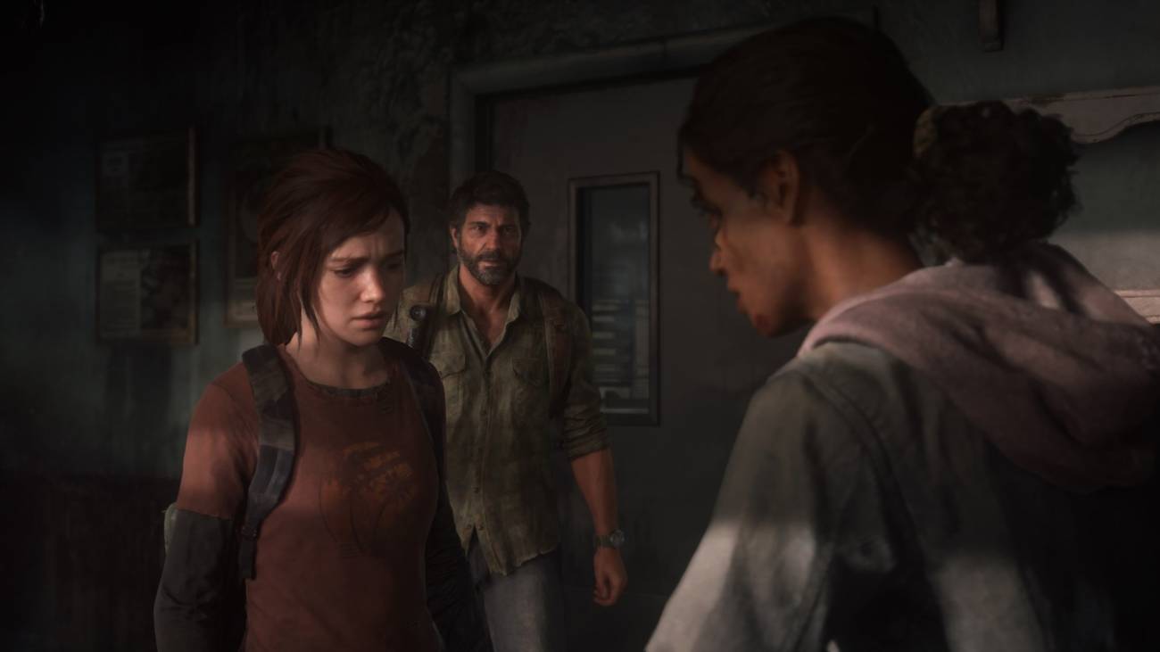 Joel and Ellie in The Last of Us Part 1 speaking to Marlene about smuggling Ellie out of the city.
