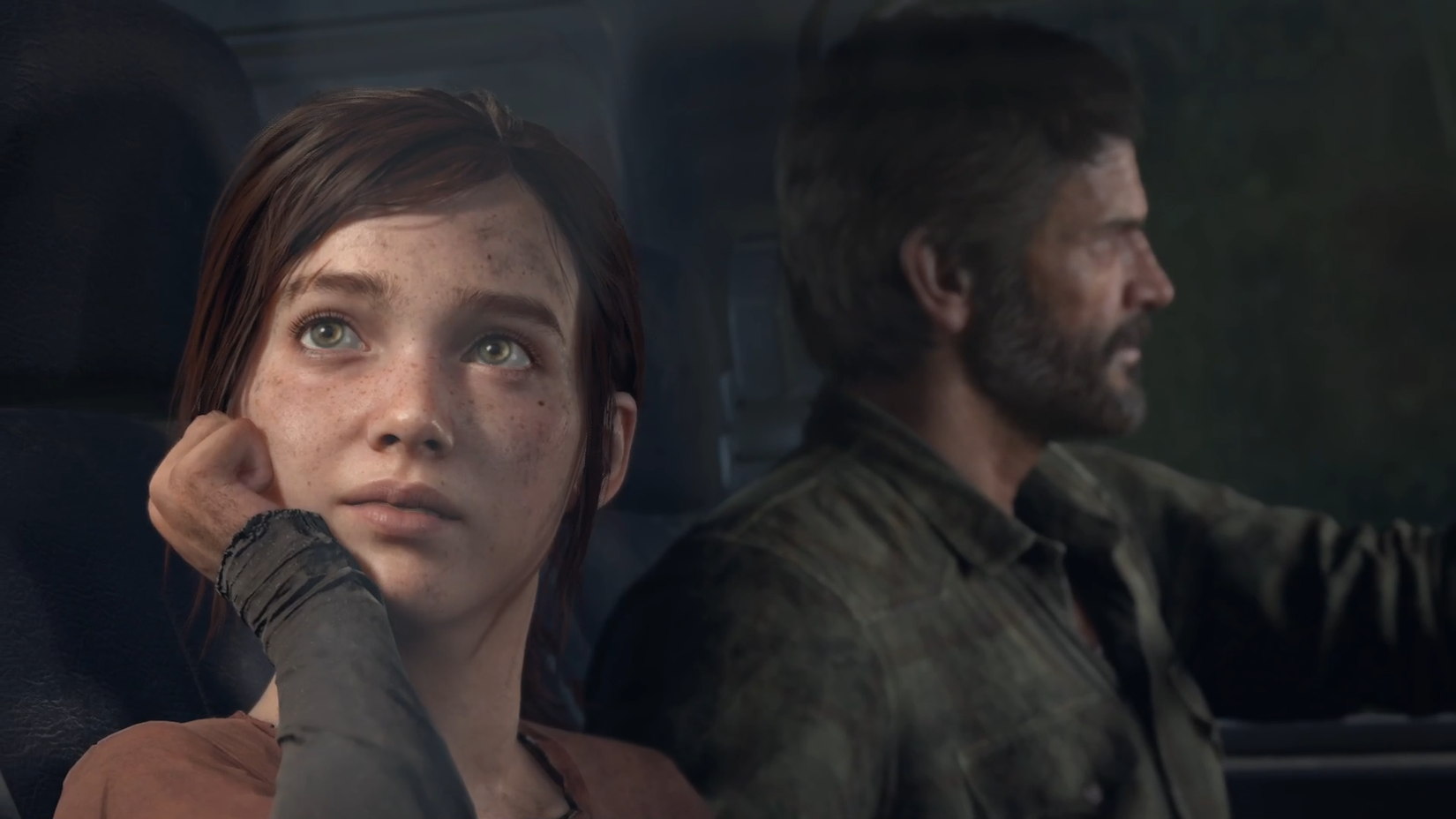 Ellie and Joel in the car driving through Pittsburgh in The Last of Us Part 1