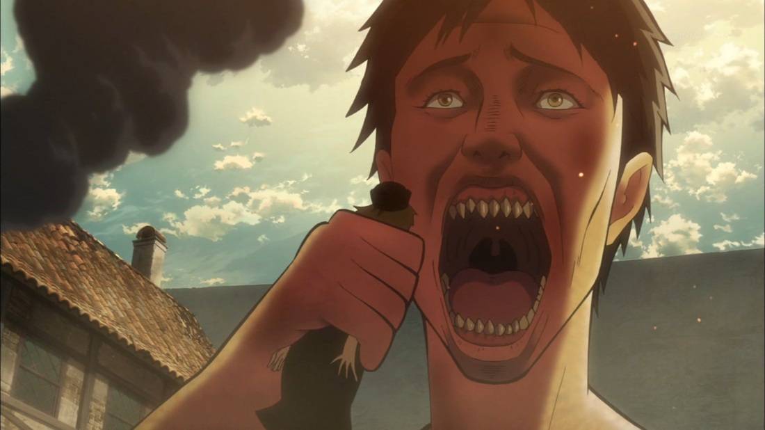 A sharp-toothed titan lifting a man wearing a black hat to their mouth in Attack on Titan.