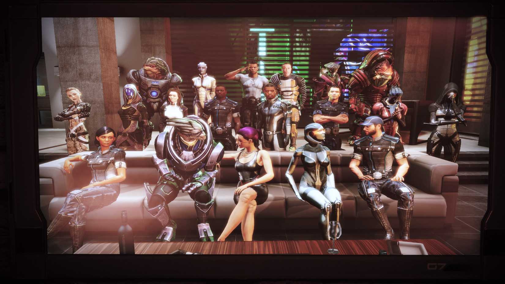 The full cast of Mass Effect posing for a group photo after a wild party