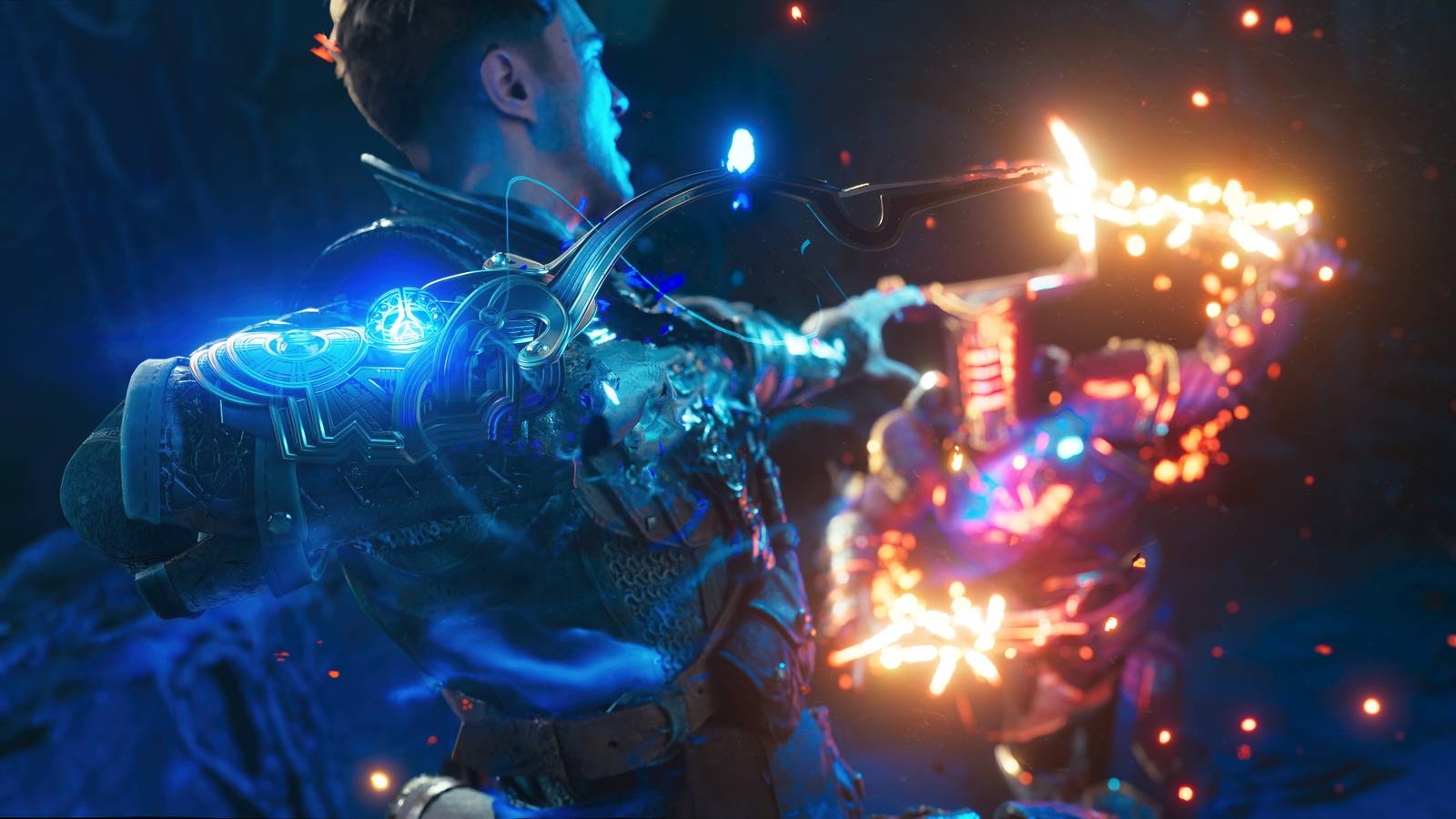 A battle mage readies a glowing blue energy attack at a foe seen in the distance in Immortals of Aveum
