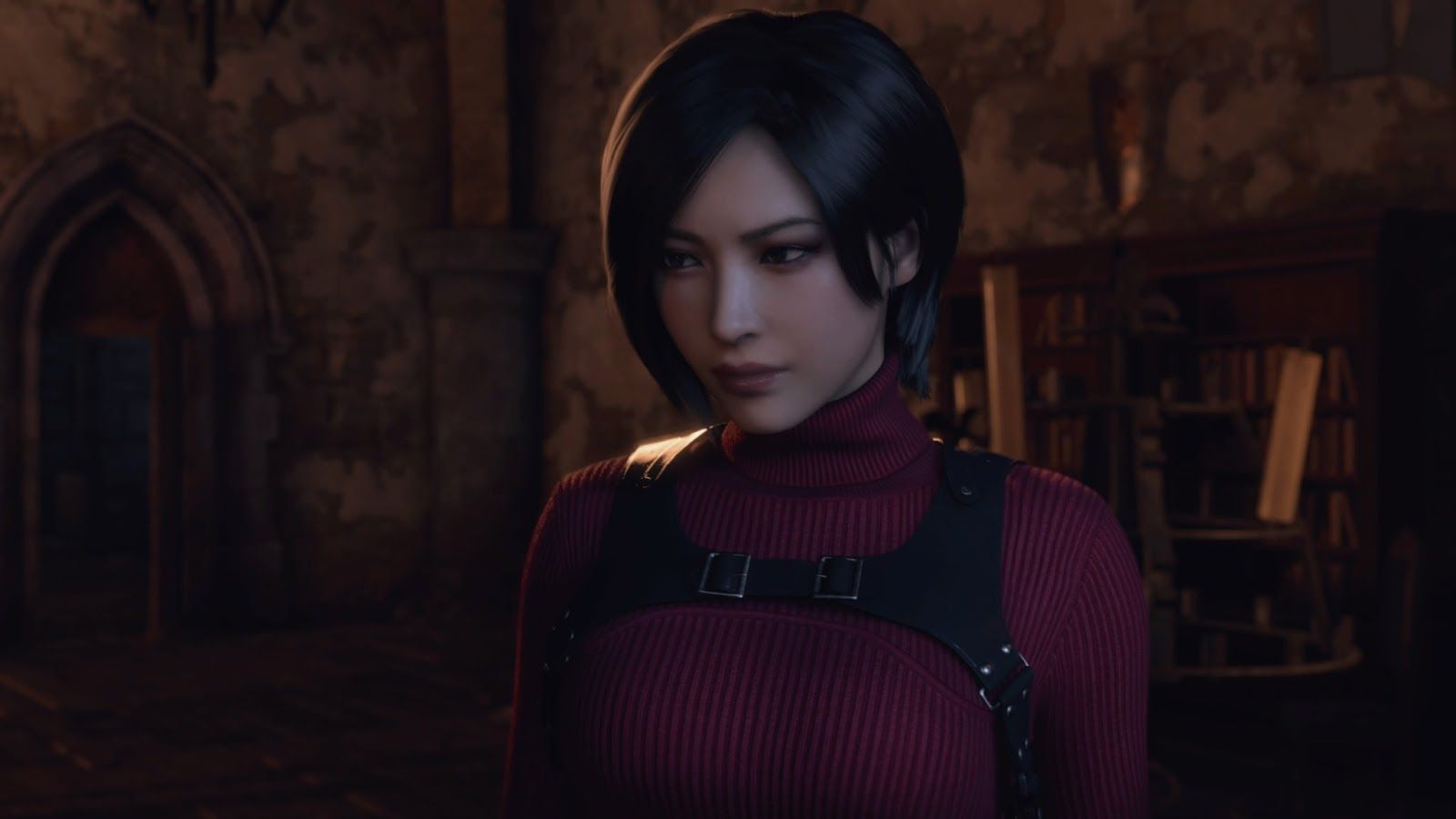 An up-close screenshot of Ada Wong’s face in Capcom’s Resident Evil 4 remake.
