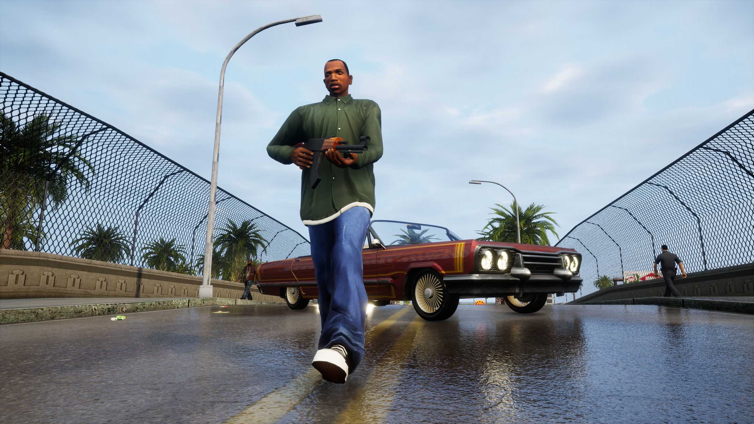 CJ walks away from a car holding a rifle in GTA San Andreas Definitive Edition