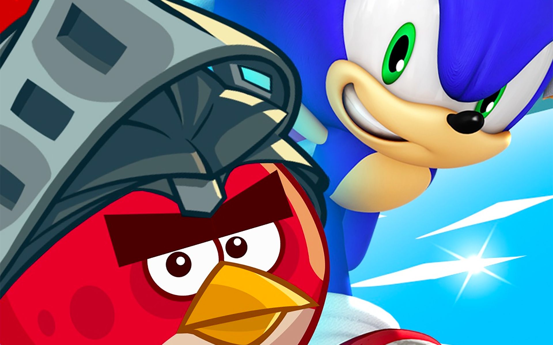 Artwork of Sonic the Hedgehog running next to Red from Angry Birds