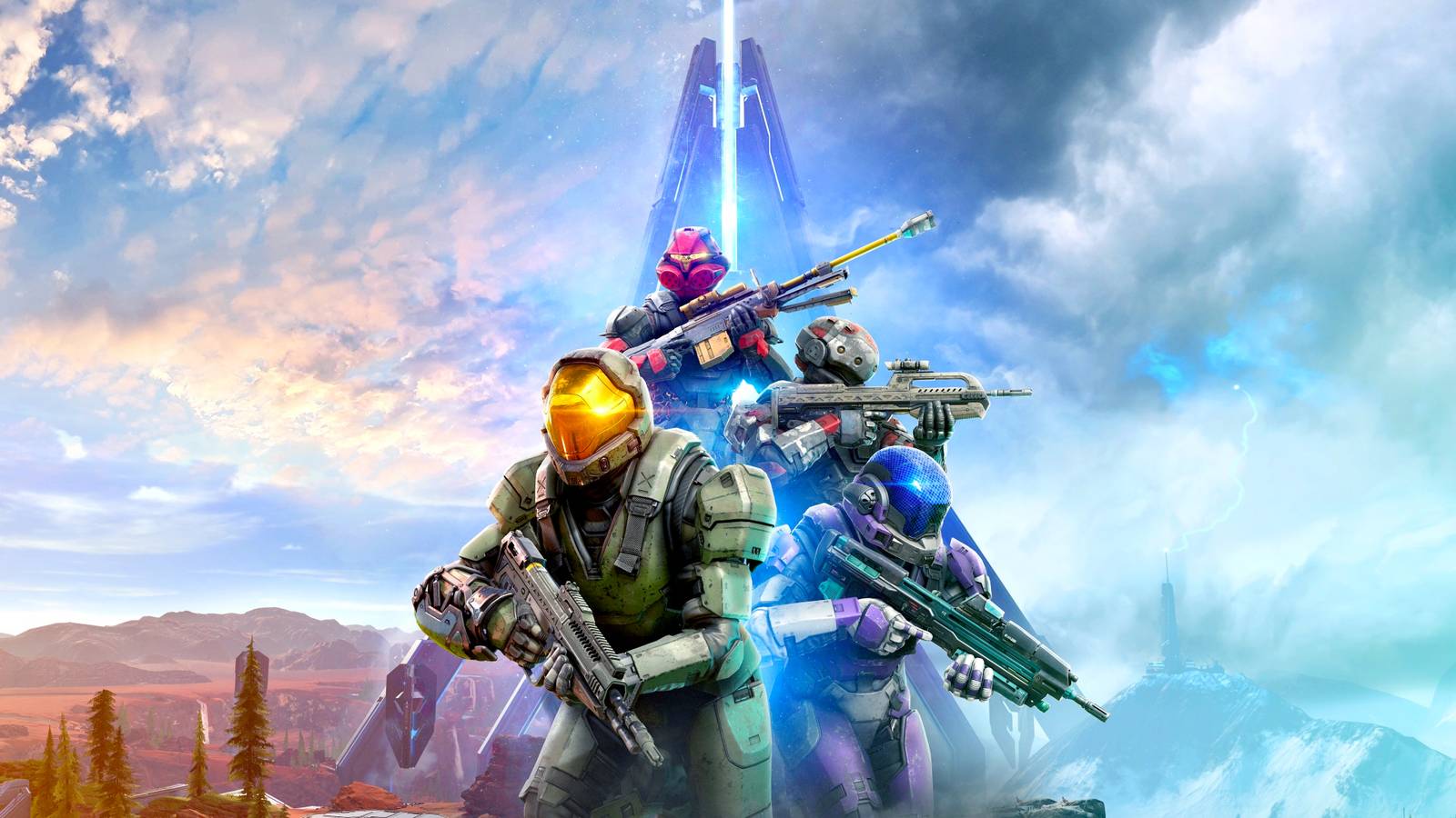 Artwork of Halo Infinite season 3, with a variety of Spartans in armor and a large spire behind them