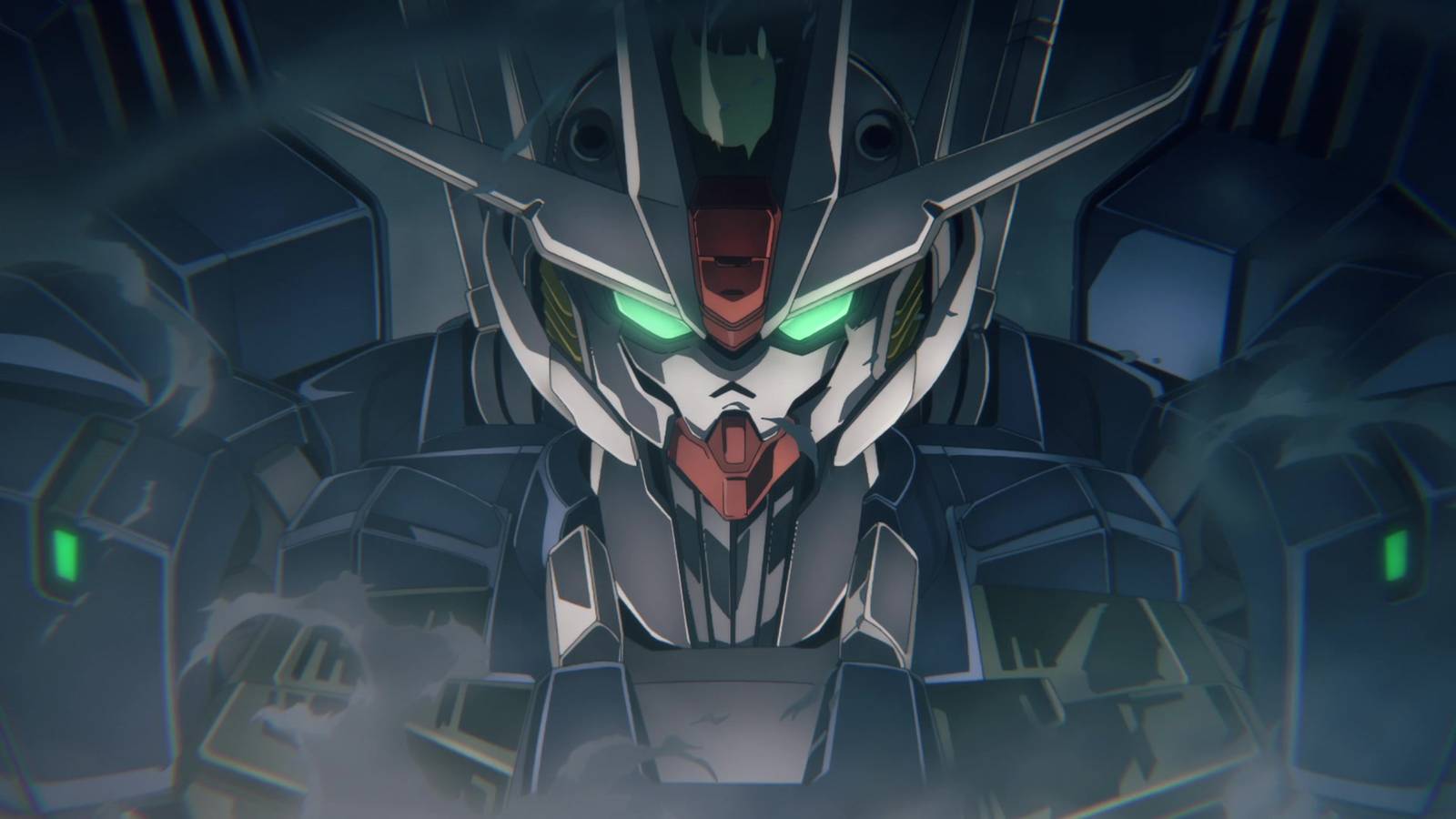 A closeup on the head of the giant Gundam Aeriel, from Mobile Suit Gundam: The Witch from Mercury