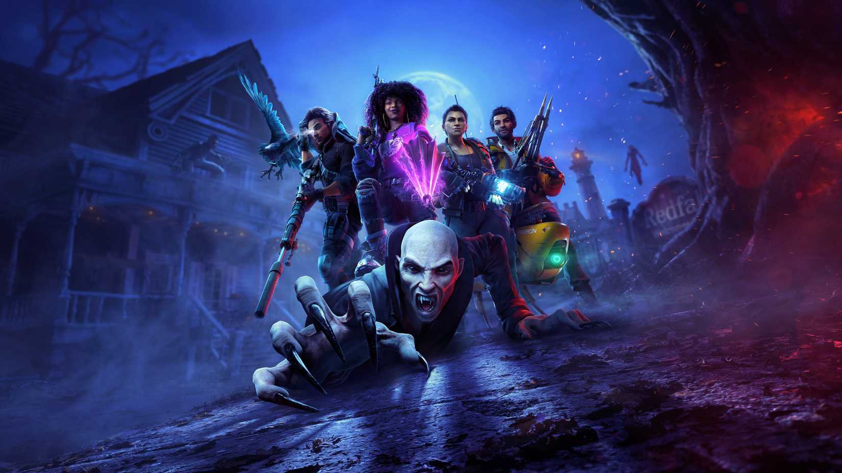 artwork from Redfall of Devinder, Jacob, Layla, and Remi standing over a vampire as it crawls toward the camera