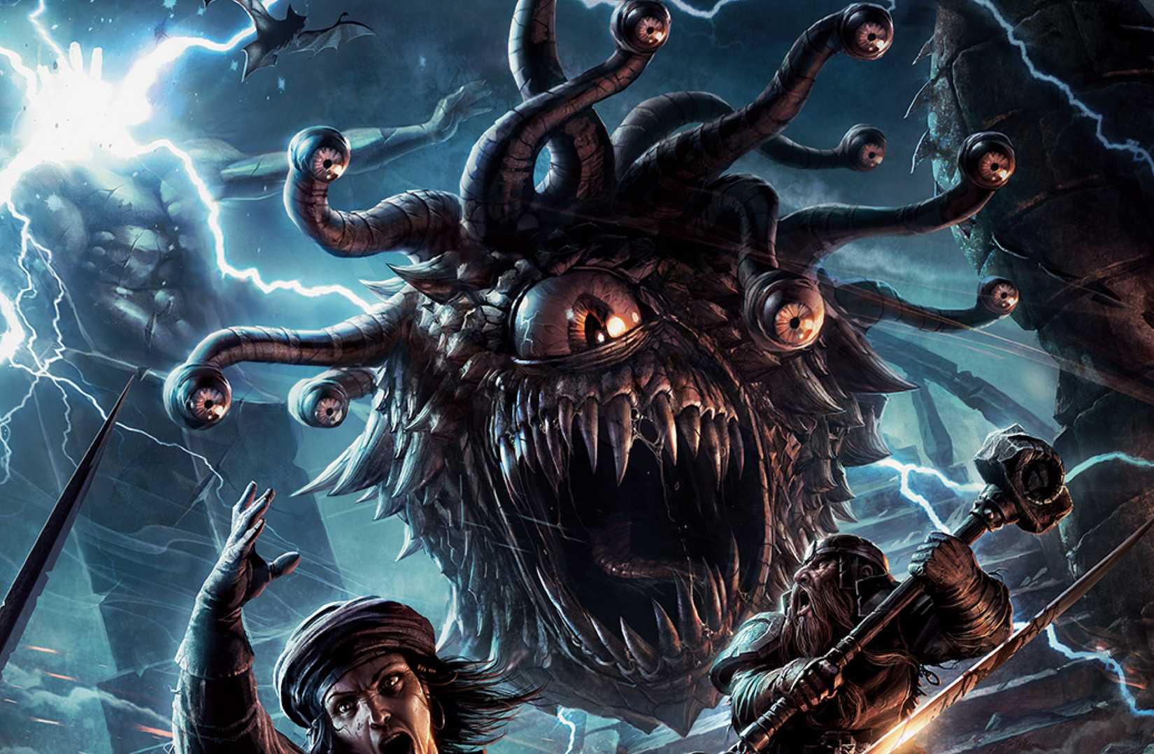 A detail from the Dungeons &amp; Dragons monster manual, with a roaring, black beholder attacking a human and dwarf amid some ruins at night, as the human calls down lightning and the dwarf raises his weapon