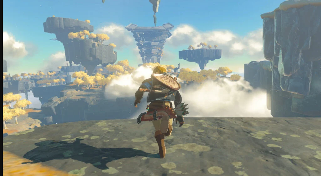 A screenshot of Zelda: Tears of the Kingdom where Link is about to run off a cliff.