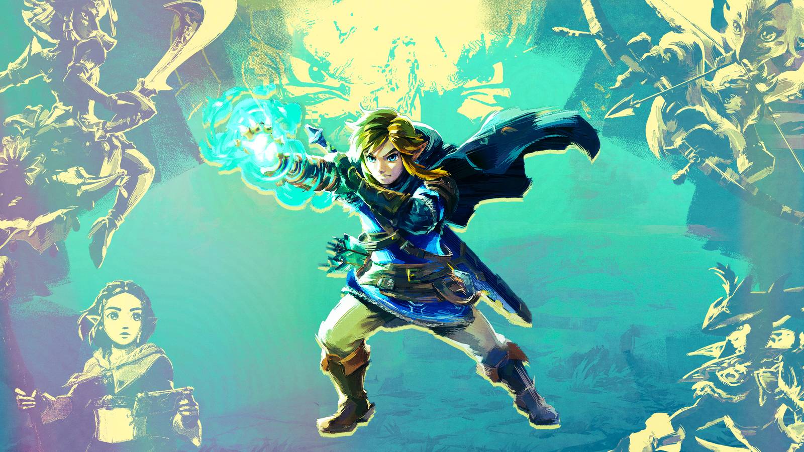 Link uses his Ultrahand ability while the sages Riju, Tulin, Sidon, and Zelda look on from a greenish blue background in The Legend of Zelda: Tears of the Kingdom.