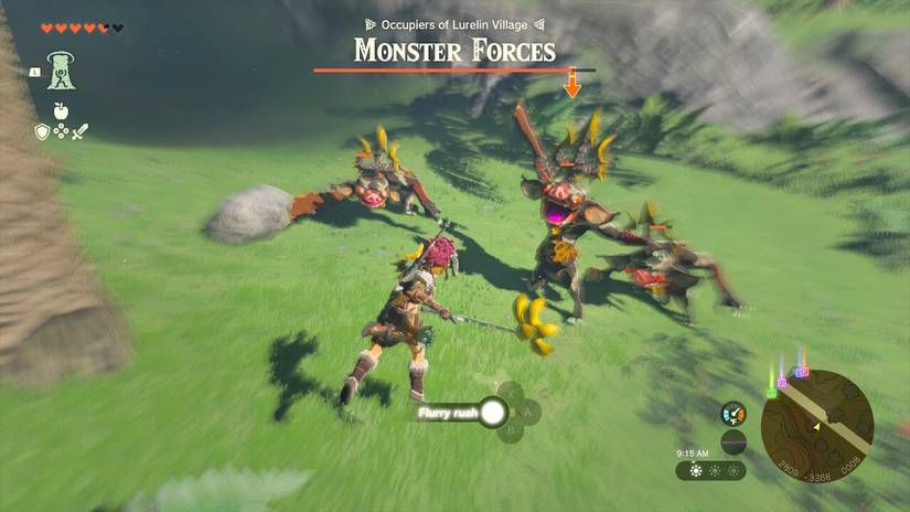 Link evades an attack from a Black Bokoblin and initiates a flurry rush in The Legend of Zelda: Tears of the Kingdom