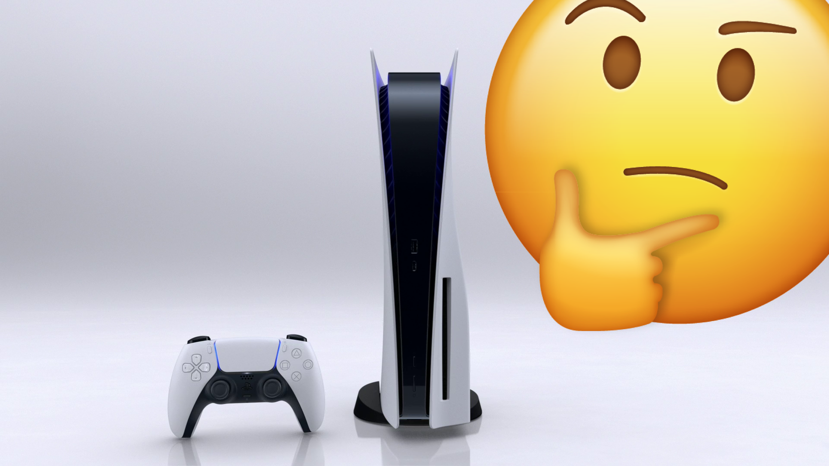 Illustration of a PS5 and DualSense controller with a thinking emoji