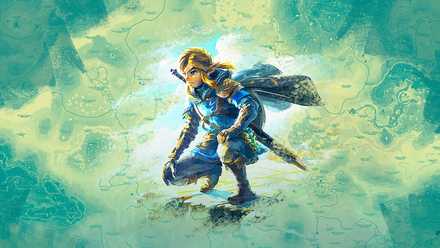 Link crouches down while wearing a blue tunic in key art for Zelda Tears of the Kingdom.