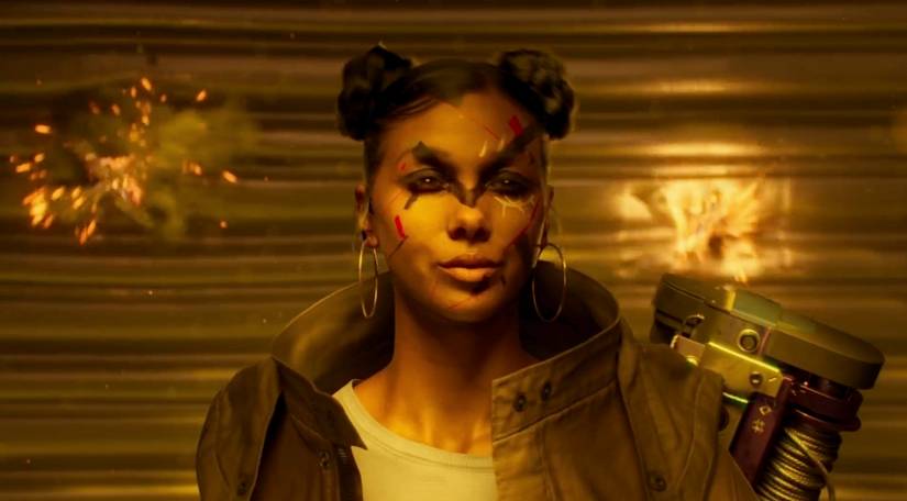 An image of a character from Haven Studio’s Fairgame$. They are wearing makeup that looks like face paint and big hoop earrings as gun fire pops around them.
