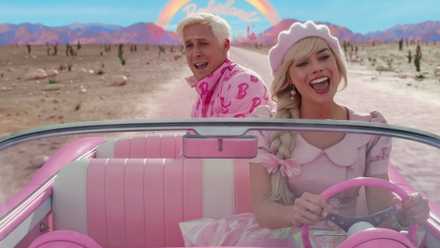 Barbie (Margot Robbie) and Ken (Ryan Gosling) sing in the Barbiemobile out of Barbie land in Barbie