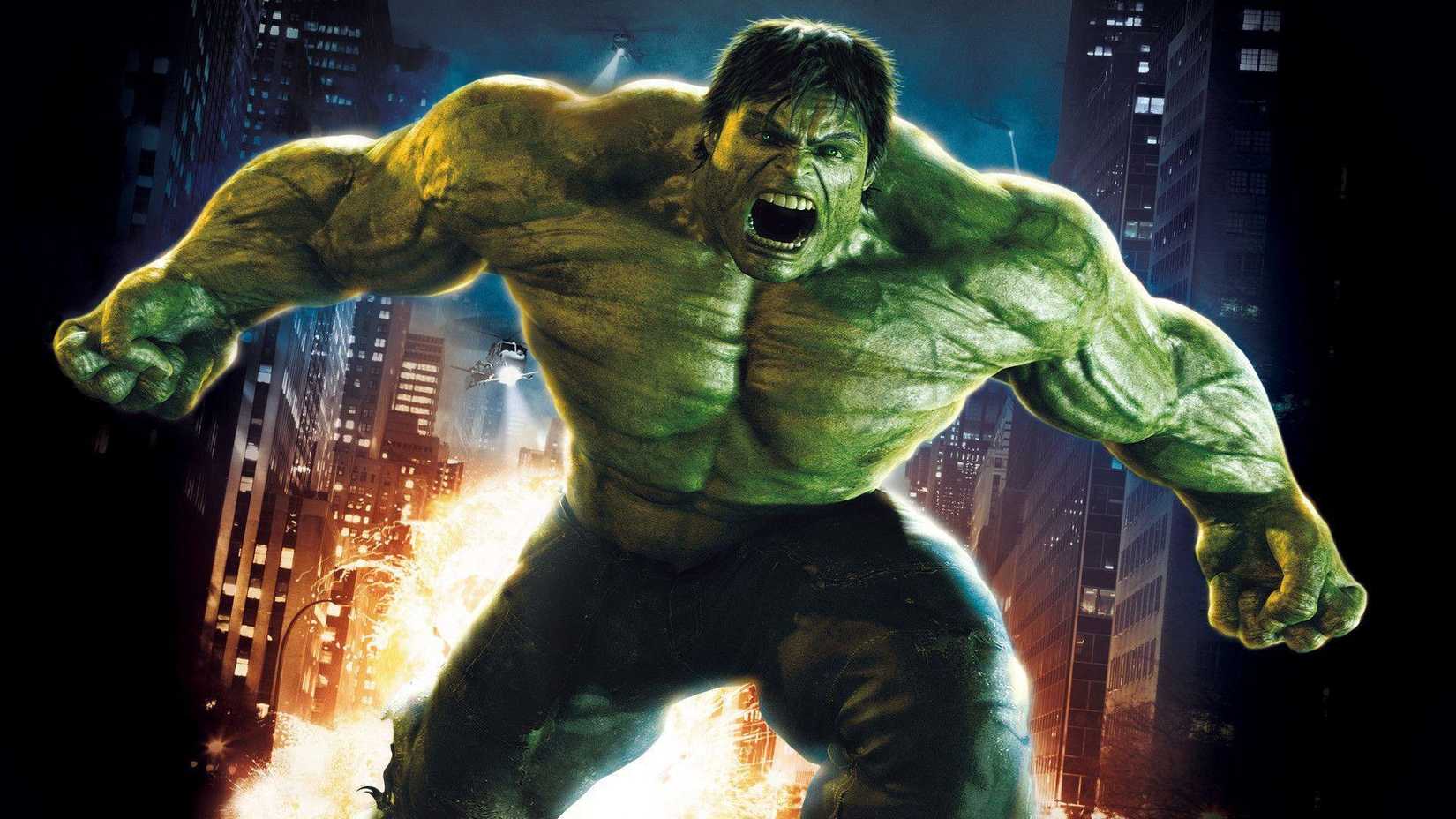 A stylized promo image from 2008’s The Incredible Hulk, with an enraged CG Hulk roaring in anger toward the camera