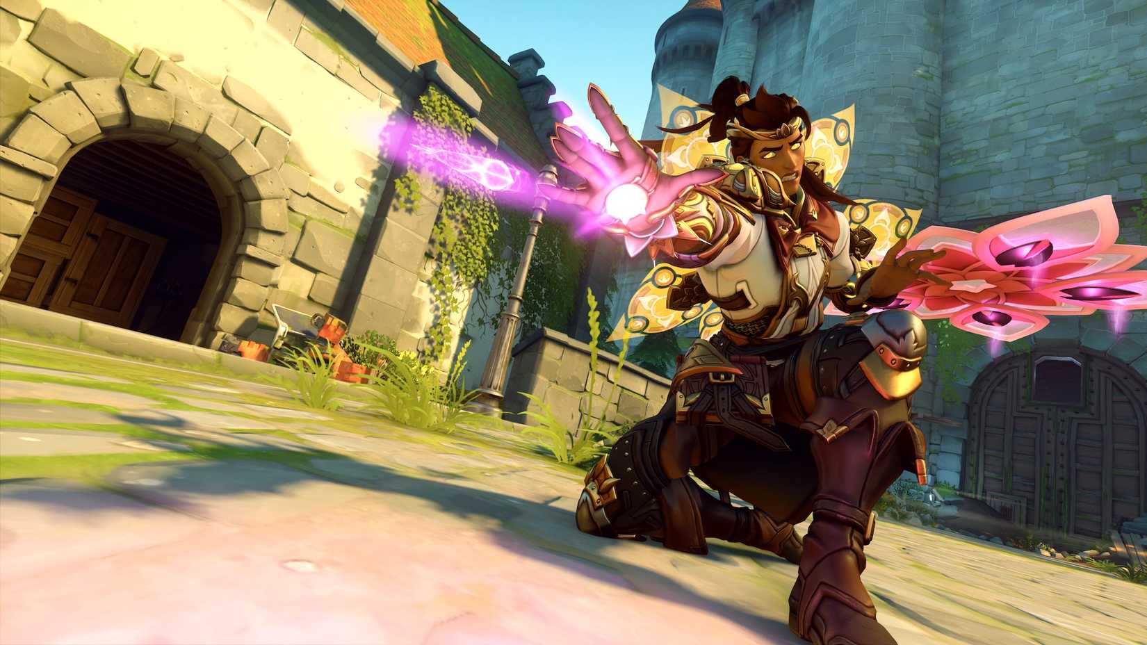 Lifeweaver, wearing a spellcaster skin, fires thorns from his palm in a screenshot from Overwatch 2