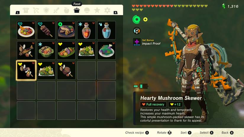 A screenshot of the food inventory screen highlighting the Hearty Mushroom Skewer in Zelda: Tears of the Kingdom