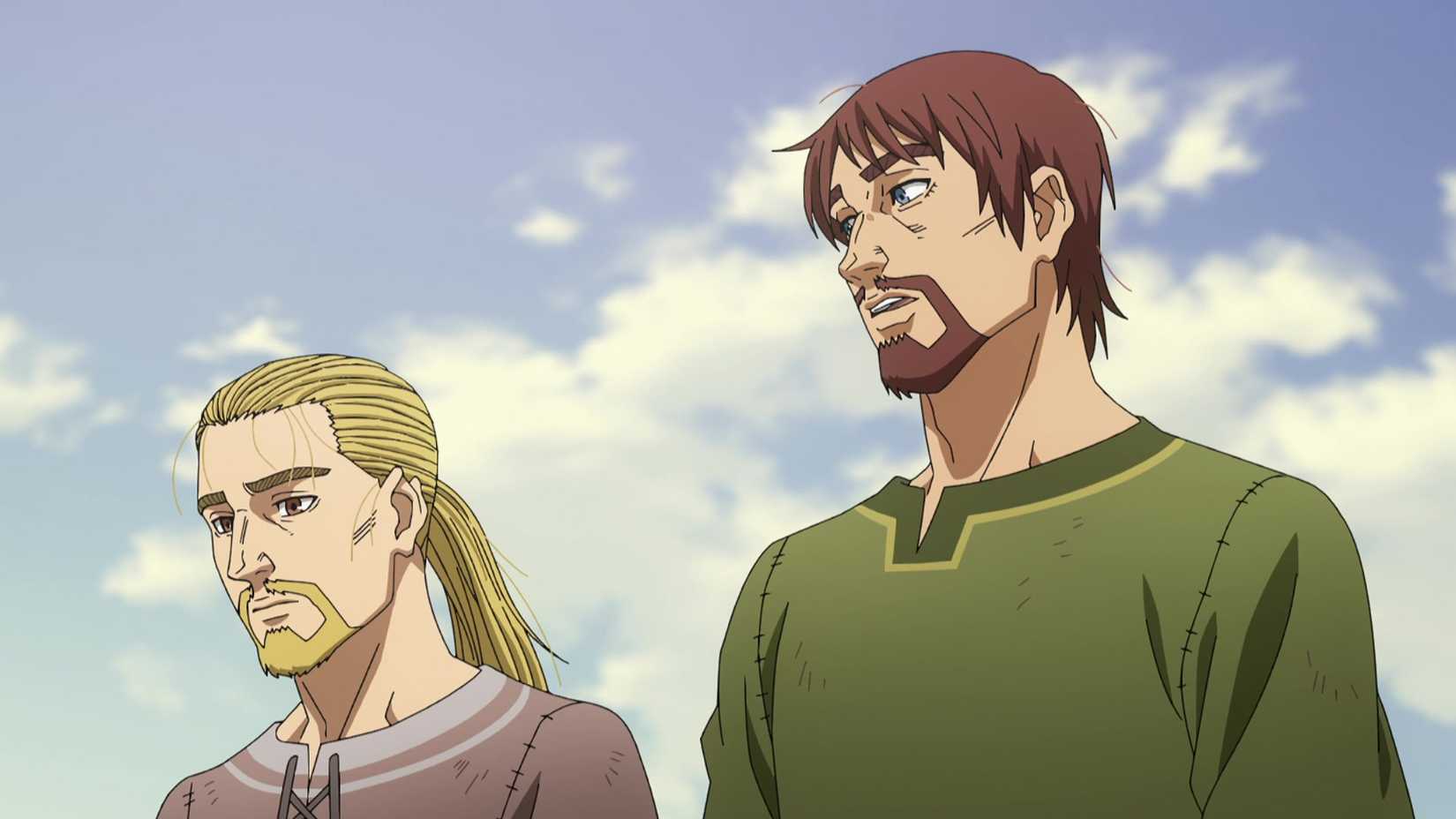 Thorfinn and Einar walking and and talking in a still from Vinland Saga season 2