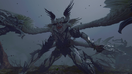 Garuda kneeling on the ground with a sinister smile on her face in Final Fantasy 16 / XVI / FF16.