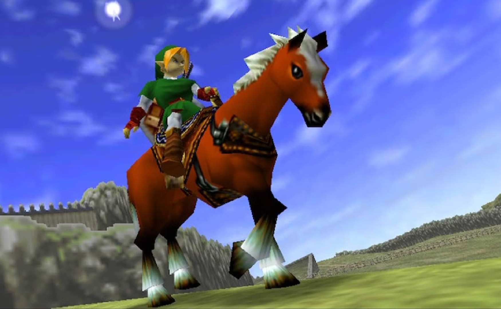A polygonal Link rides his horse Epona in Legend of Zelda: Ocarina of Time